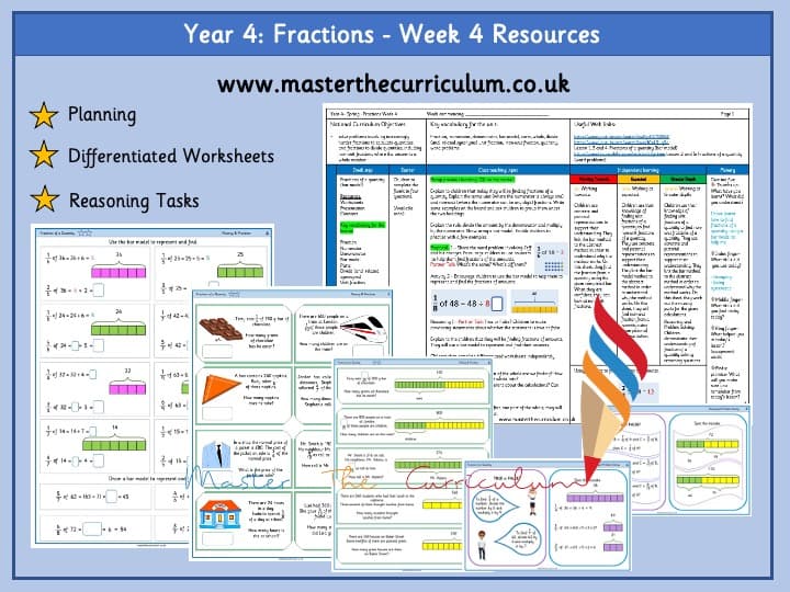 Cover of Year 4 – Week 4 – Editable Fraction Differentiated Worksheets – Spring Term