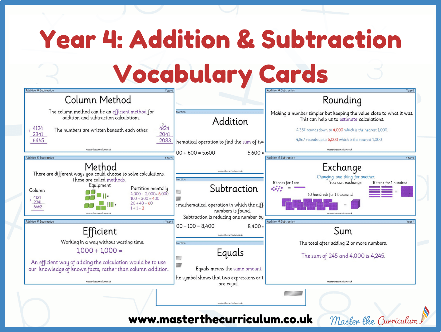 Cover of Year 4 – Addition and Subtraction Vocabulary Cards