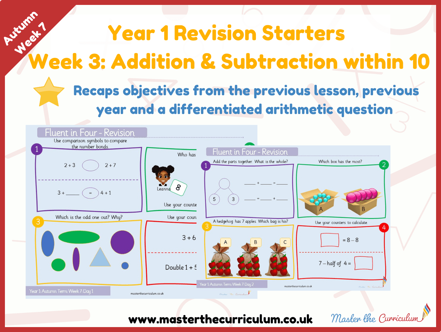 Cover of Year 1 – Autumn – Week 3 Addition & Subtraction within 10 Revision Starters V2.0
