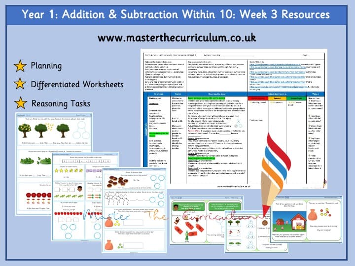 Cover of Year 1 Addition And Subtraction Within 10 Differentiated Worksheets Week 3- Autumn Term