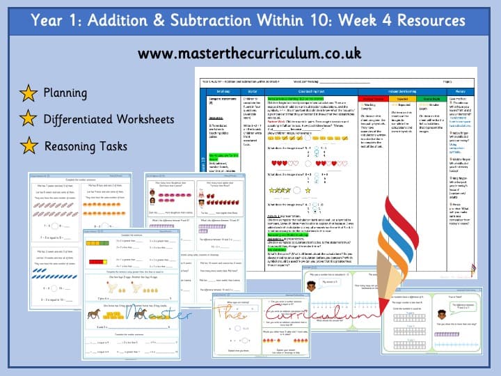 Cover of Year 1 Addition And Subtraction Differentiated Worksheets Week 4- Autumn Term