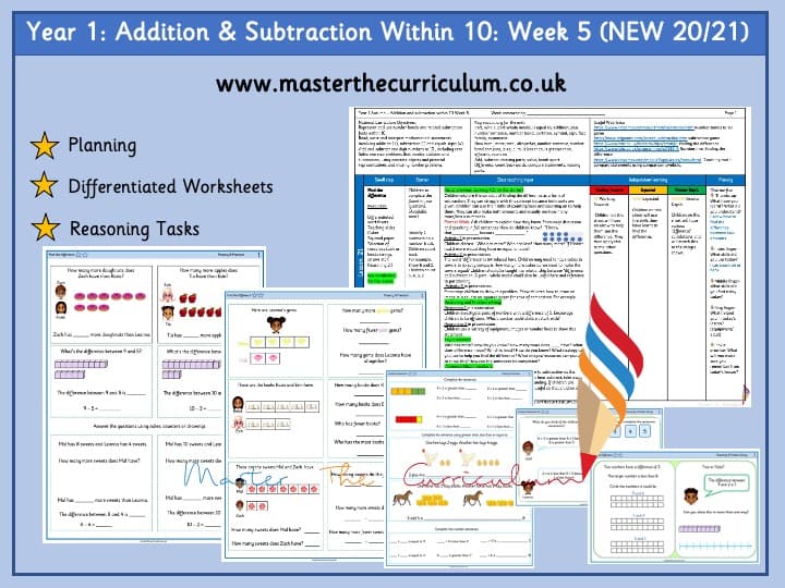 Cover of Year 1 Addition And Subtraction Differentiated Worksheets Week 5- Autumn Term