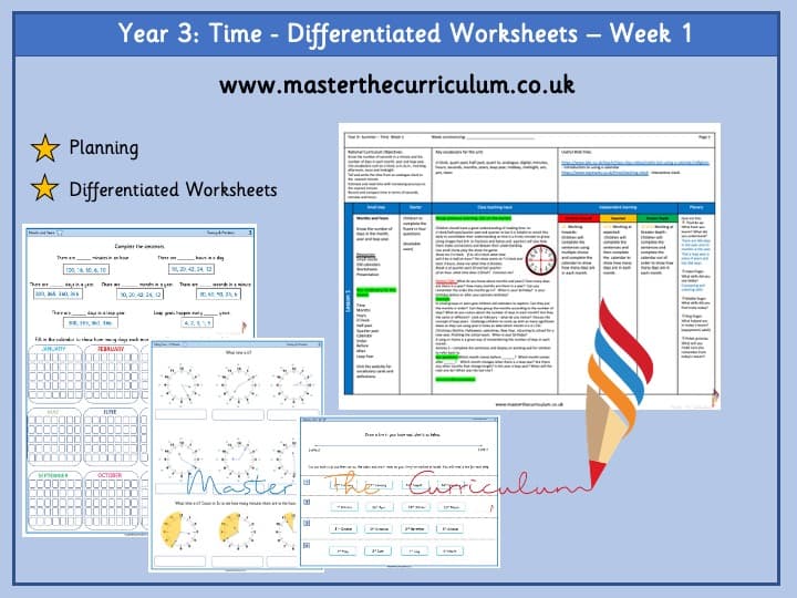Cover of Year 3 – Week 1 – Time Editable Differentiated Worksheets