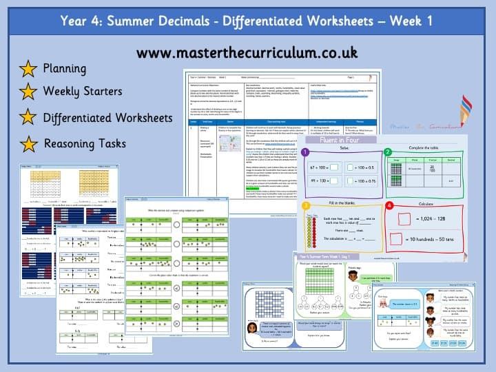 Cover of Year 4 – Week 1 – Editable Decimals Differentiated Worksheets – Summer Term