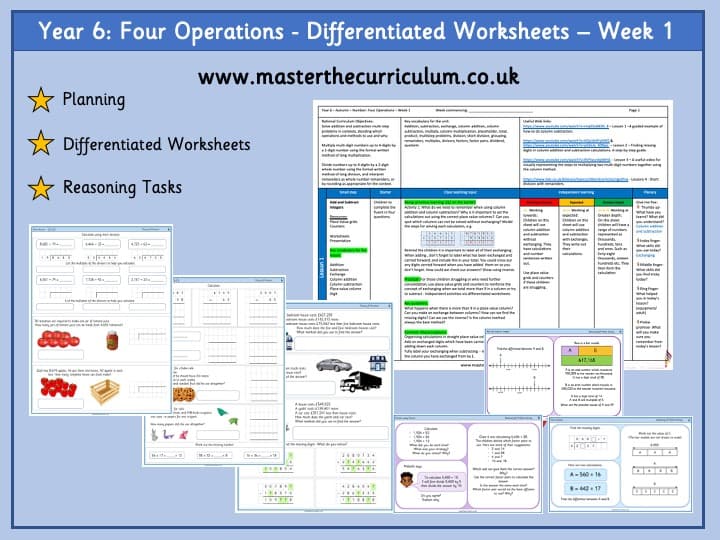 Cover of Year 6- Four Operations – Week 1- Editable Differentiated Worksheets