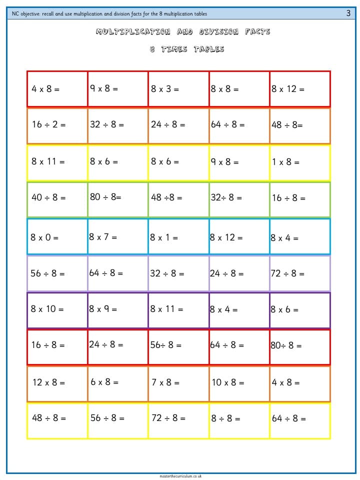 Cover of Recall and use multiplication and division facts for the 8 multiplication tables