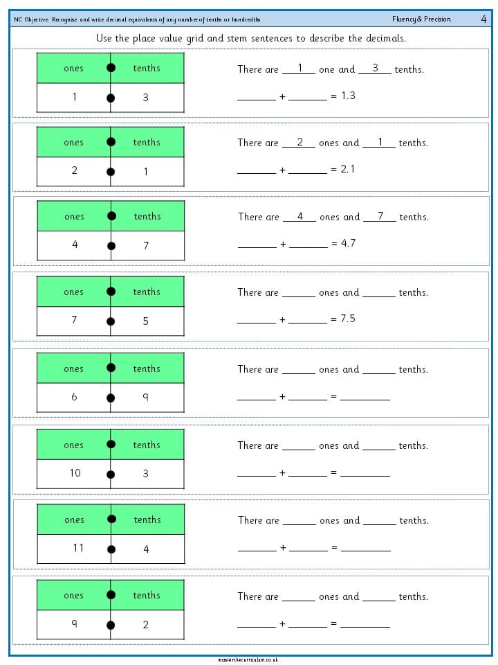 Cover of Recognise and write decimal equivalents of any number of tenths or hundredths – 7