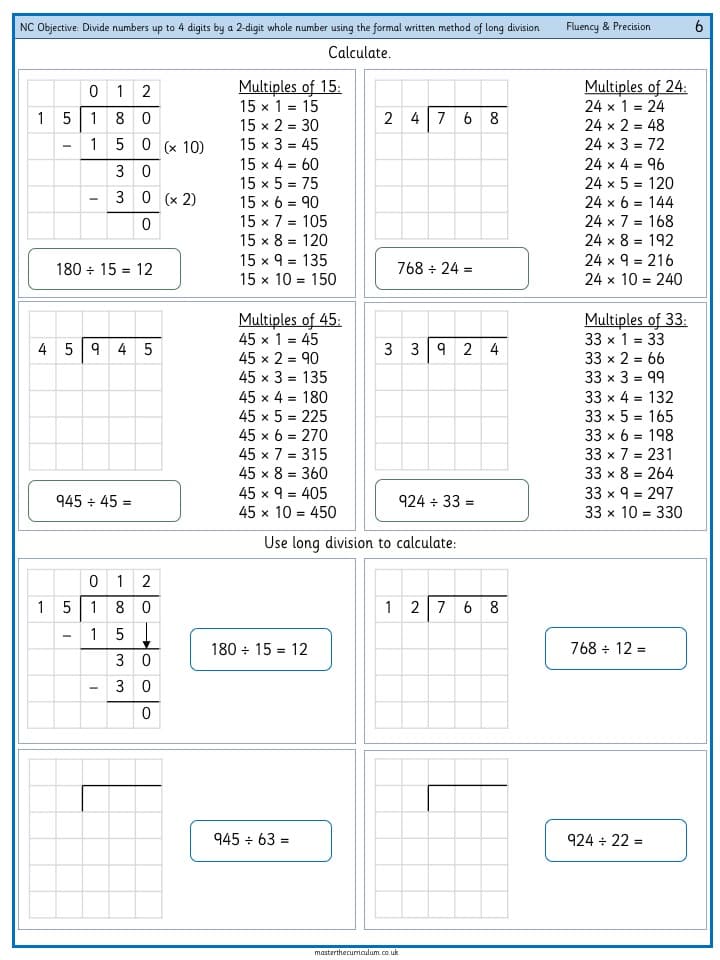 Cover of Divide numbers up to 4 digits by a 2-digit whole number using the formal written method of long division