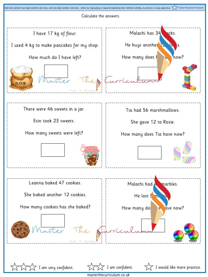 Cover of Add and subtract two-digit numbers and ones, and two-digit numbers and tens, where no regrouping is required explaining their method verbally, in pictures or using apparatus