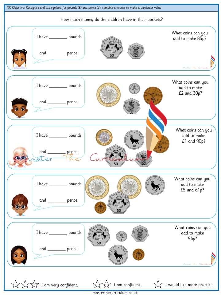 Cover of Recognise and use symbols for pounds (£) and pence (p); combine amounts to make a particular value