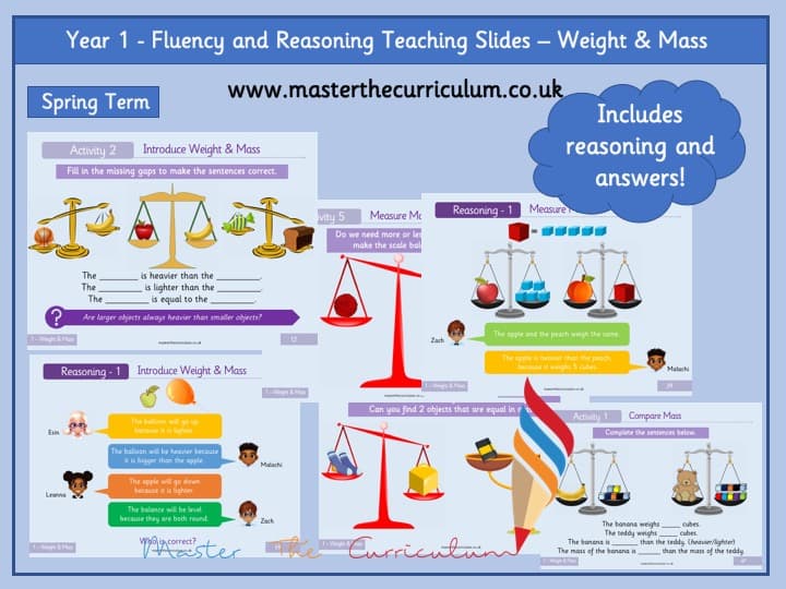 Cover of Year 1 – Editable Fluency & Reasoning Teaching Slides- Weight and Mass