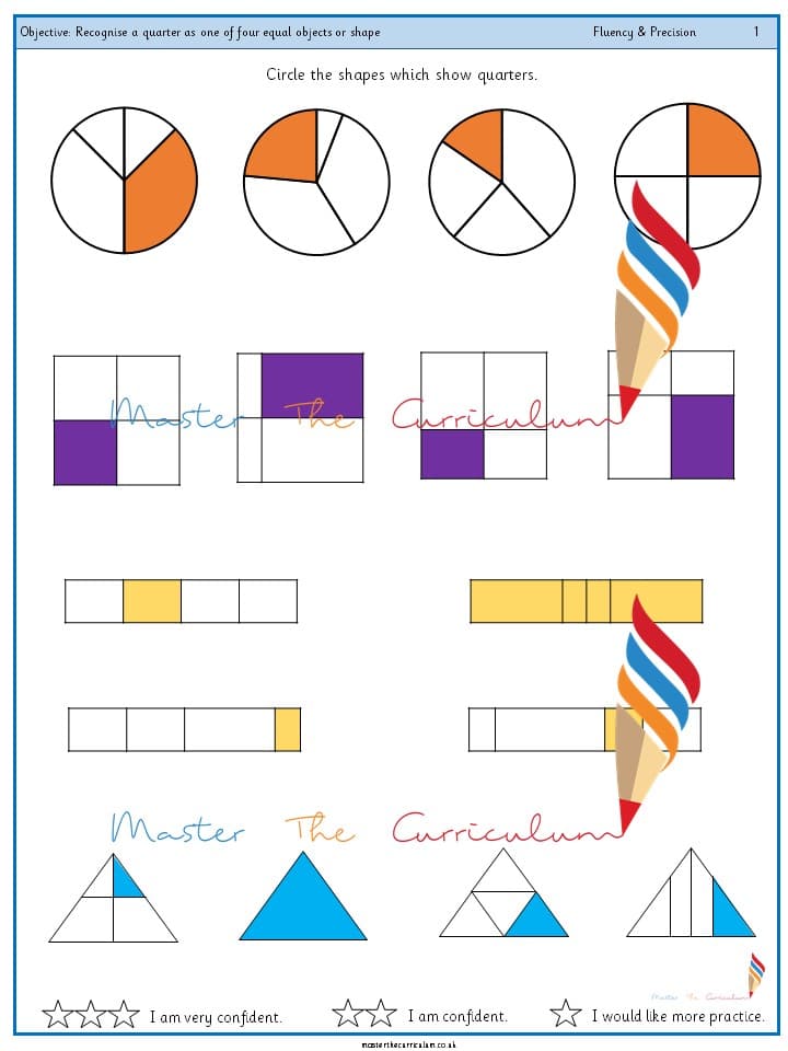 Cover of Year 1 – Recognise a quarter as one of four equal objects or shape (4)