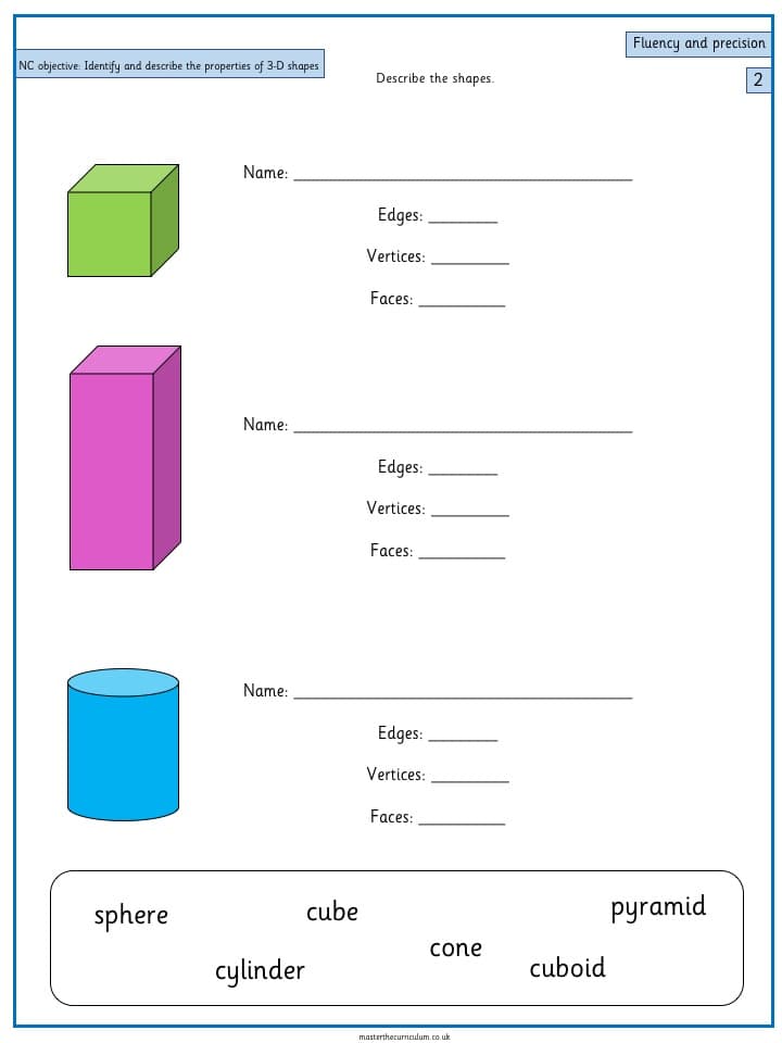 Cover of Year 2 Maths Geometry Identify 3-D shapes – 1