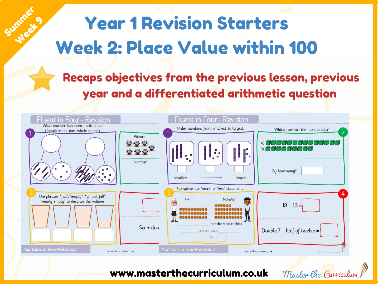 Cover of Year 1 – Summer – Week 2 Place Value Within 100 Revision Starters V2.0