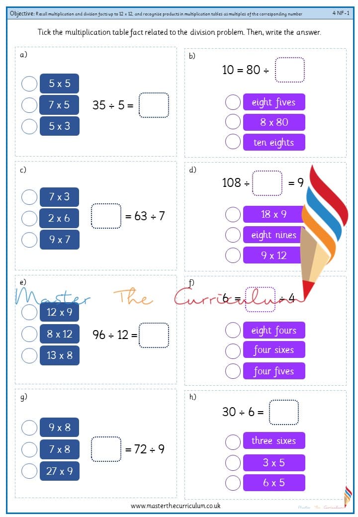 Cover of Recall multiplication and division facts up to 12 x 12, and recognise products in multiplication tables as multiples of the corresponding number (3)