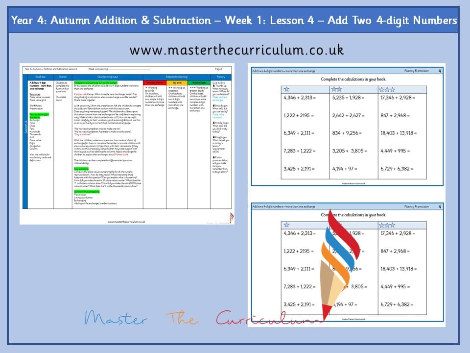 Cover of Year 4: Addition and Subtraction: Lesson 4 – Add Two 4-digit Numbers- more than one exchange