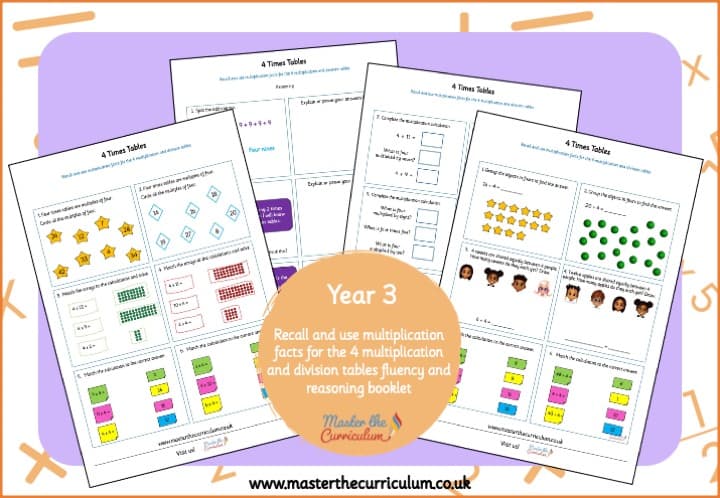 Cover of Year 3: Multiplication & Division – Recall 4 times tables facts fluency and reasoning booklet