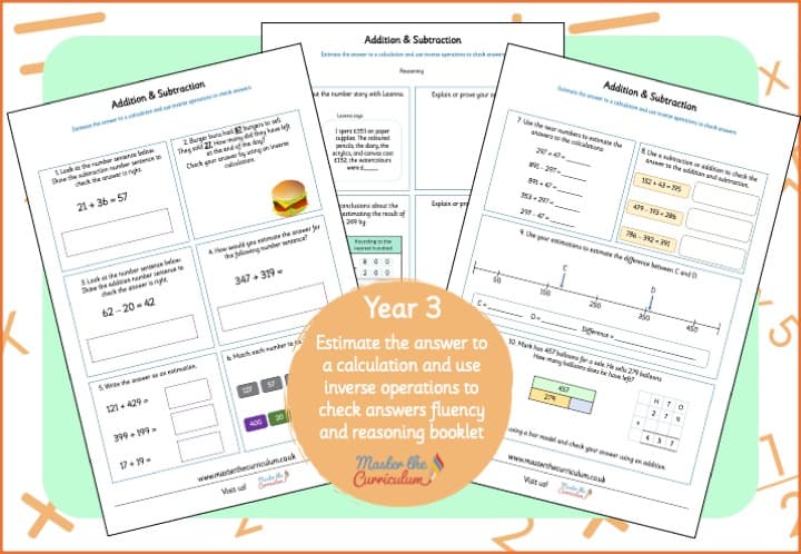 Cover of Year 3: Addition & Subtraction – Estimate the answer to a calculation and use inverse operations to check answers fluency and reasoning booklet