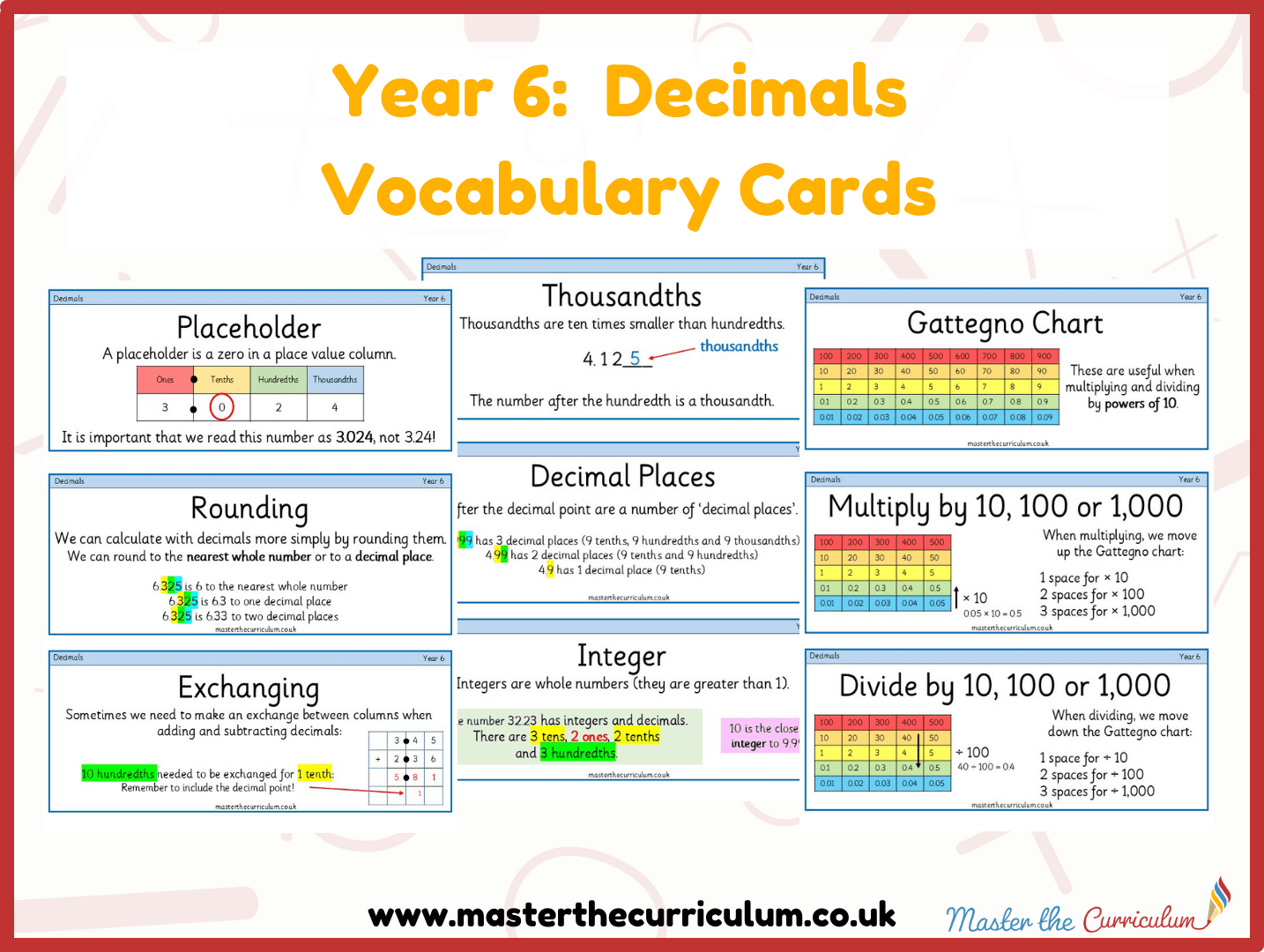 Cover of Year 6 Decimals Vocabulary Cards
