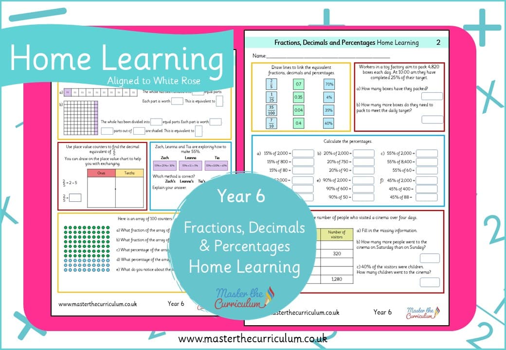 Cover of Year 6 Fractions, Decimals and Percentages Home Learning