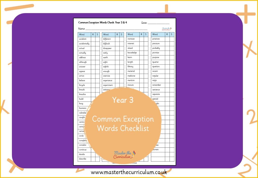 Cover of Year 3 and 4 Common Exception Words Checklist