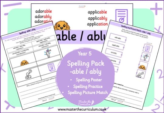 Cover of Year 5 Spelling Resource Pack – Suffixes -able, -ably, and -ation