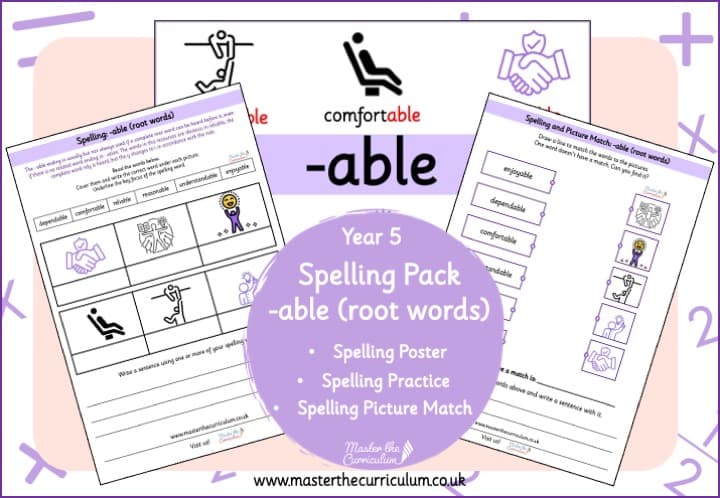 Cover of Year 5 Spelling Resource Pack -able (Root words)