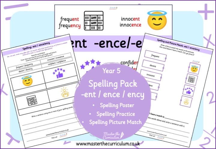 Cover of Year 5 Spelling Resource Pack -ent, -ence and -ency