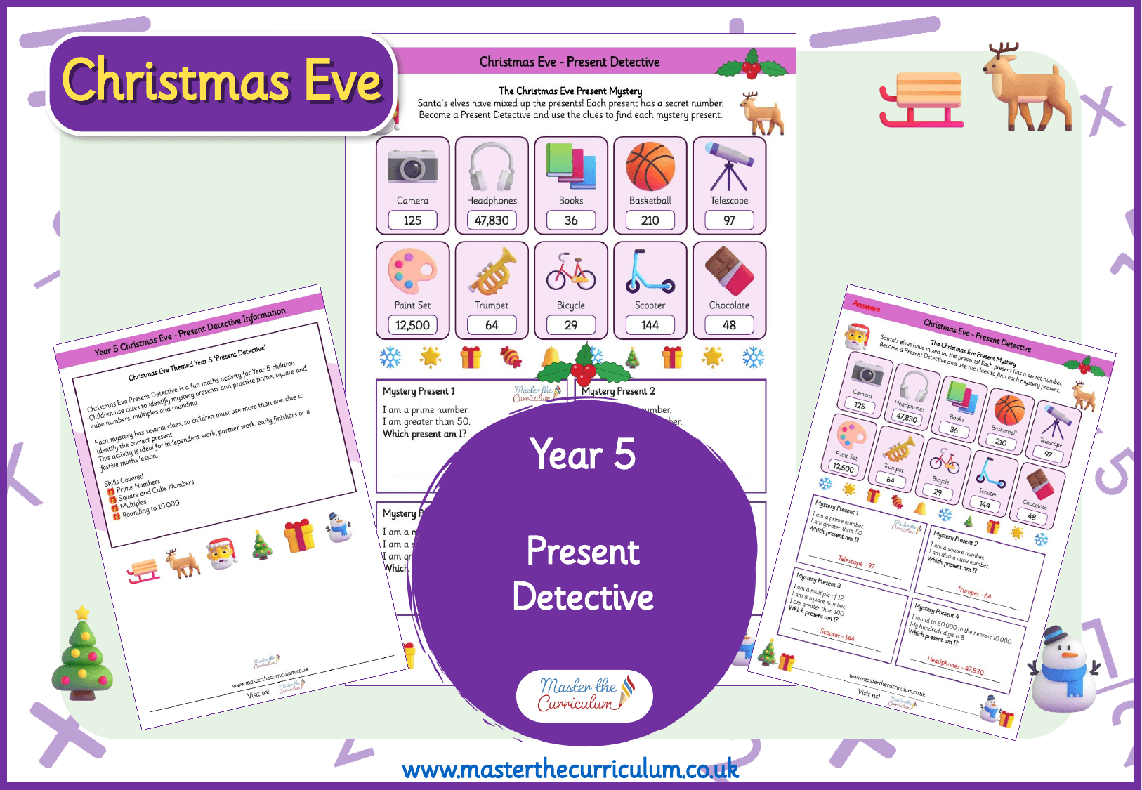 Cover of Year 5 Christmas Eve Present Detective: Prime, square and cube numbers