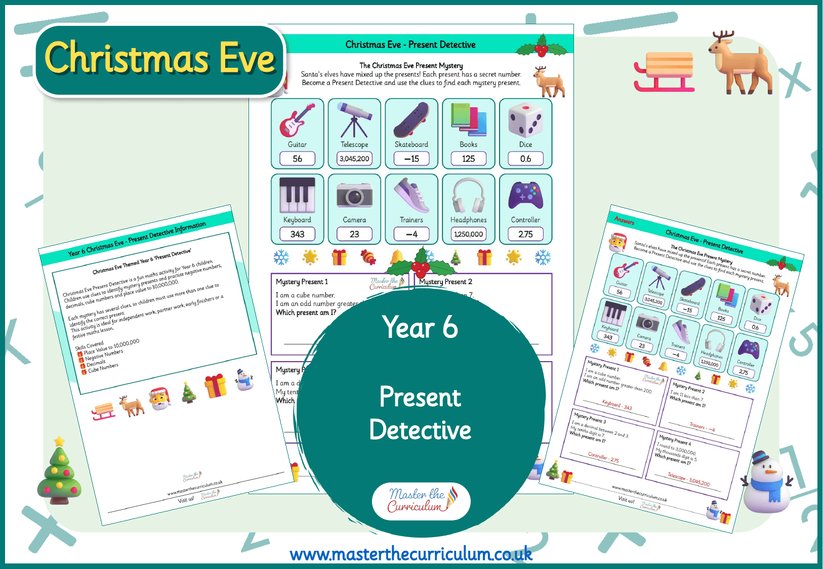 Cover of Year 6 Christmas Eve Present Detective: Negative numbers, decimals and place value