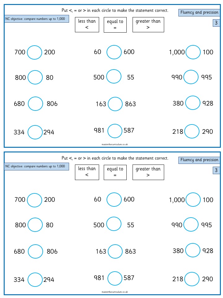 Comparing Numbers Up To 1000 Worksheet