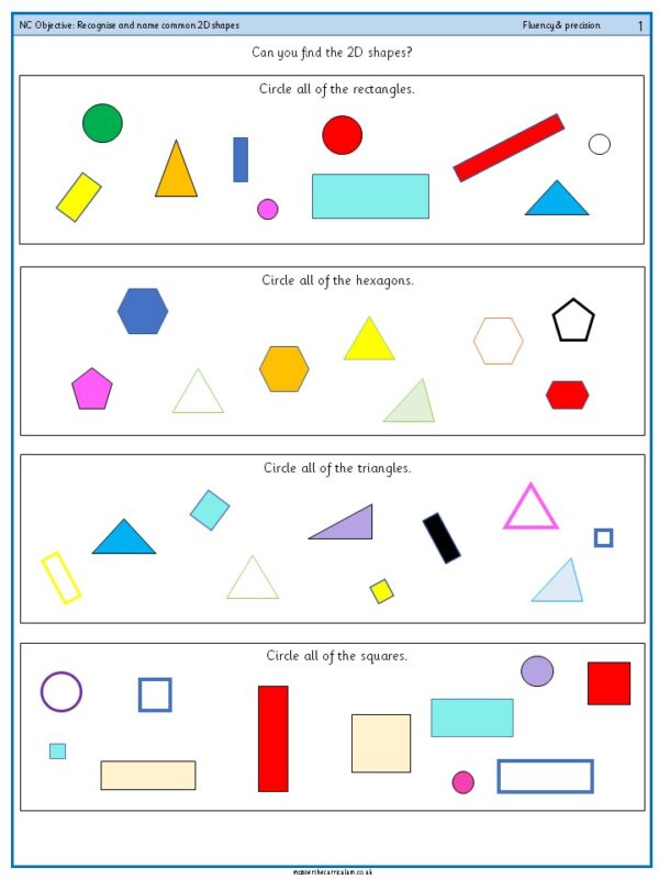 Year 1 Free Geometry Resources Recognise and name common 2D shapes – 3 ...
