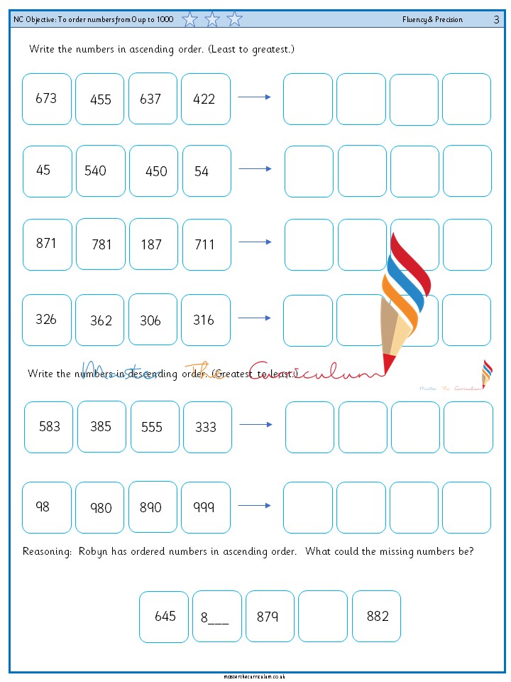 Compare And Order Numbers To 1000 Year 3