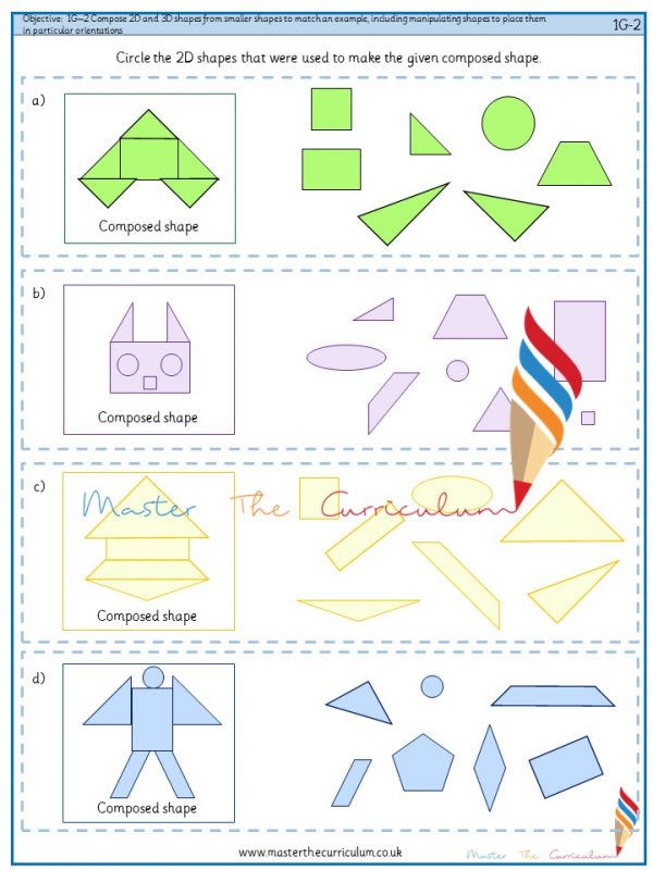 Compose 2D and 3D shapes from smaller shapes to match an example ...